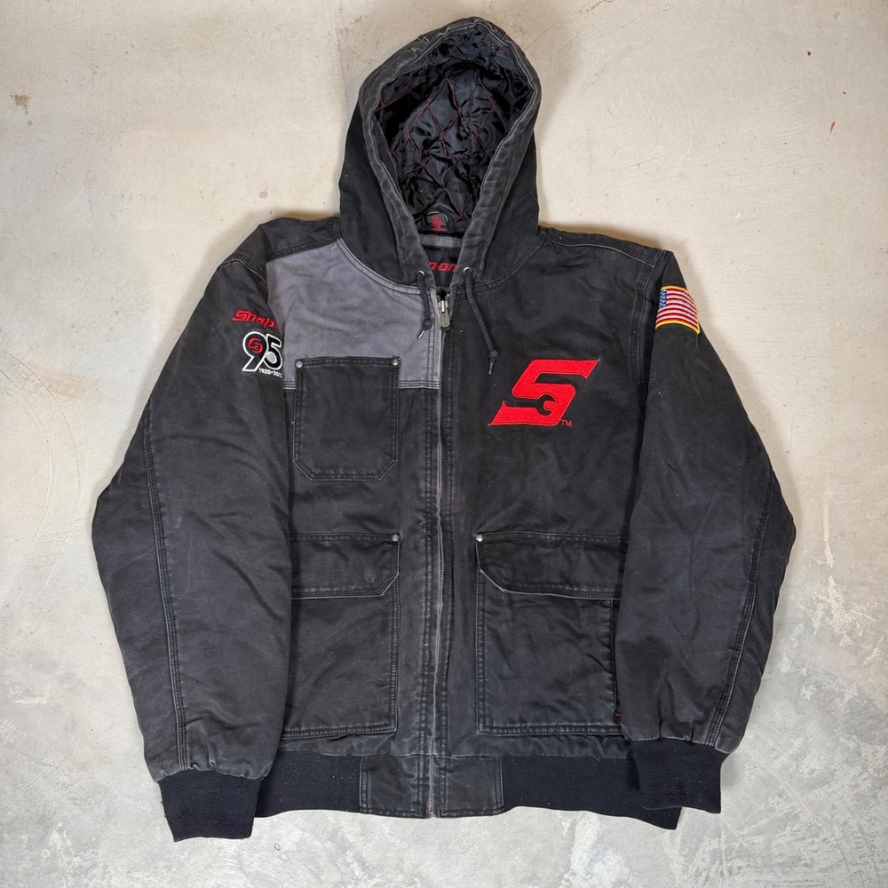 Snap-On Tools Mens XL 95th Anniversary Hooded Canvas Work Jacket Black Quilted
